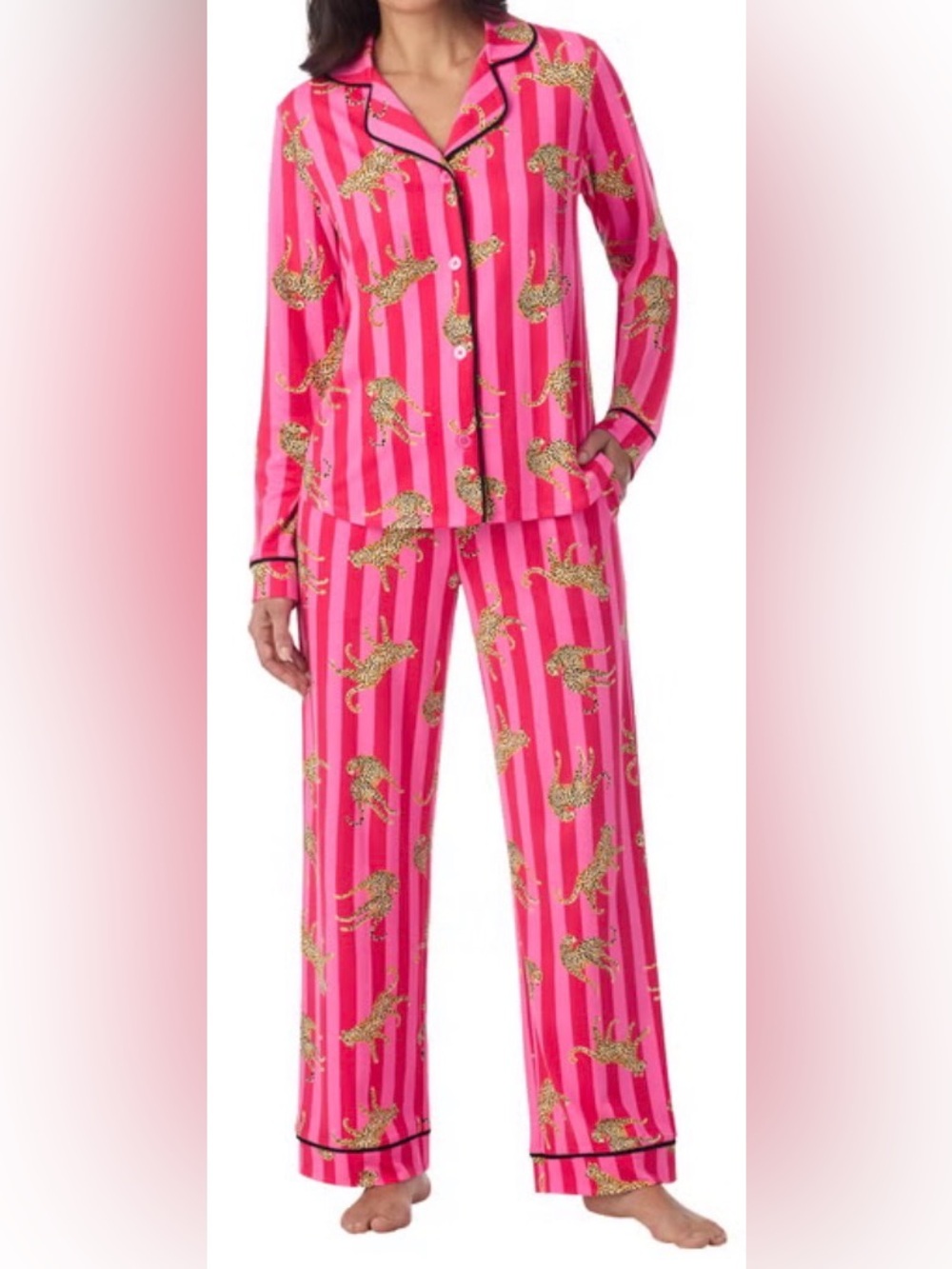 💕L🐆 Room Service Notch Collar Pajamas in Bold Pink Red Stripes w/ Jaguars NWT